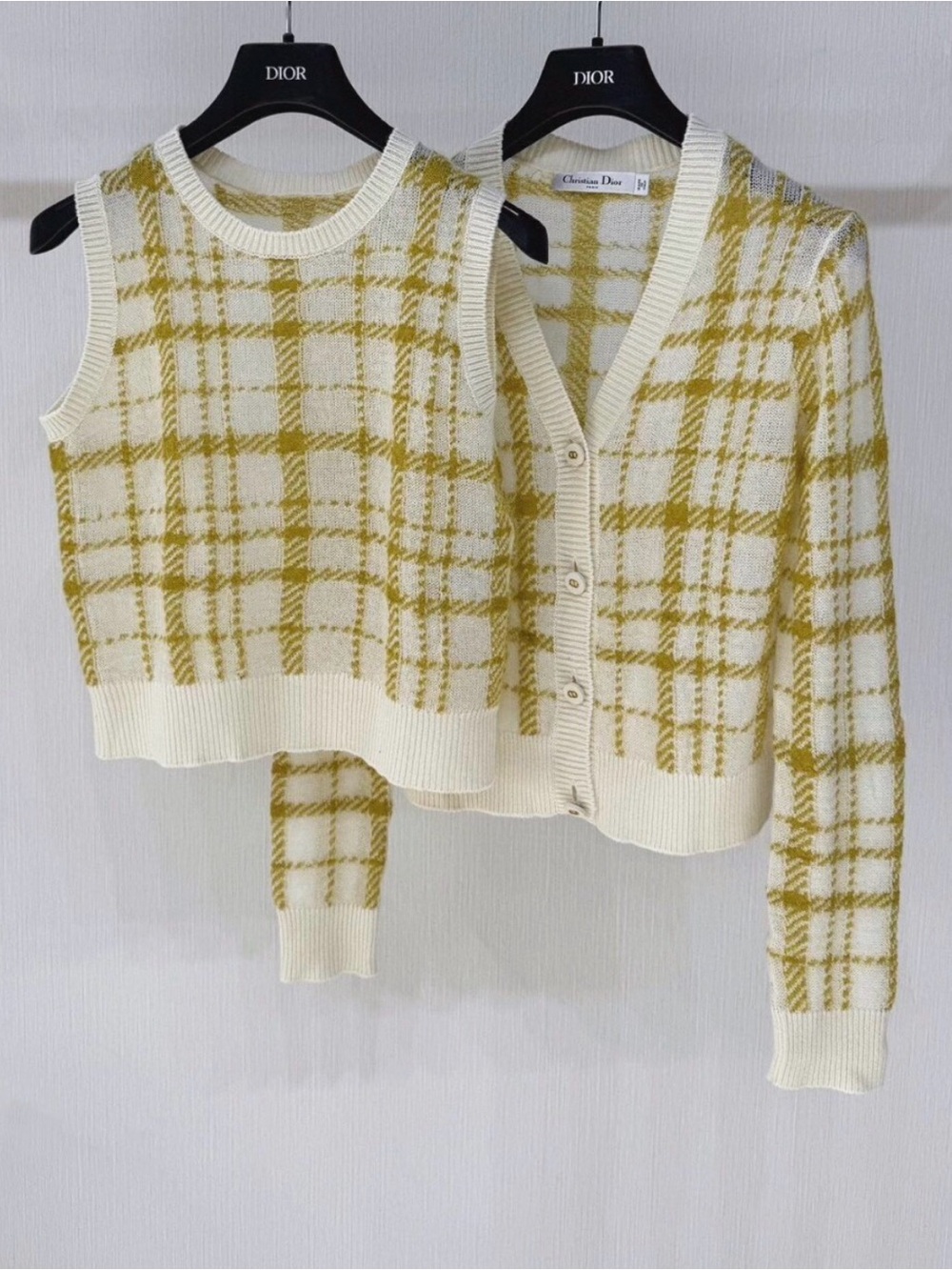 Dior Cream and Mustard Plaid Knit Cardigan & Vest Set